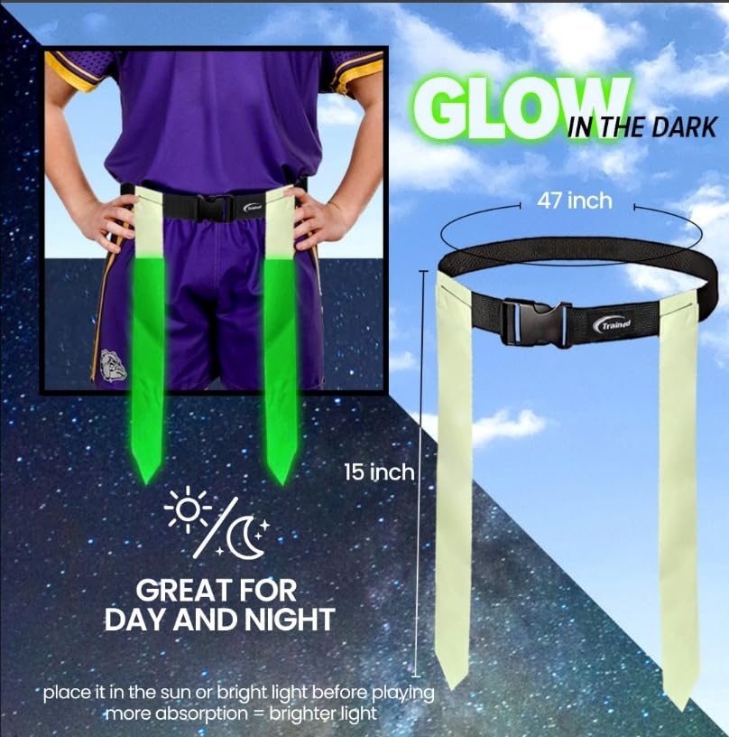 Trained Glow in the Dark Flag Football Set – 2-Man Adjustable Flag Football Belts with Flags – Outdoor Flag Football Gear