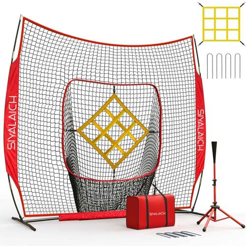 Portable Baseball and Softball Net, 7x7ft Hitting and Pitching Practice Net with Strike Zone, Includes Batting Tee, for Kids and Adults of All Skill Levels