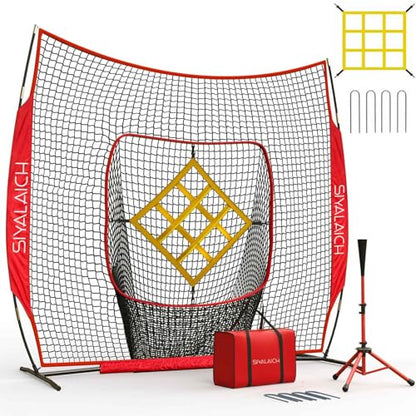 Portable Baseball and Softball Net, 7x7ft Hitting and Pitching Practice Net with Strike Zone, Includes Batting Tee, for Kids and Adults of All Skill Levels