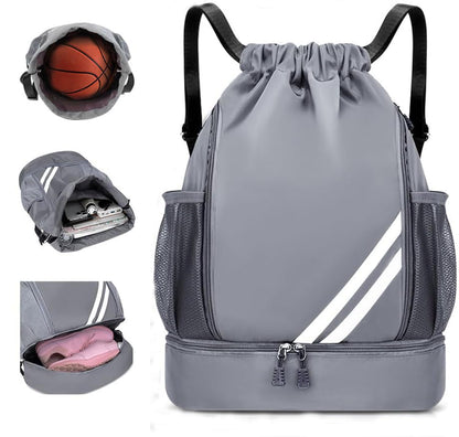 Drawstring Soccer Backpack with Shoe Compartment - Gym Bag for Basketball, Volleyball and Football - Water Resistant Nylon Sports Cinch Sack for Men Women