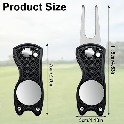 Golf Divot Repair Tool, 1 Pack, Black Metal Foldable Golf Repair Kit with Magnetic Putt Alignment Ball Marker & Pop-up Button Ball Marker, Stainless Steel Ball Marker Switchblade for Golfers