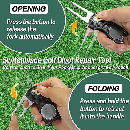 FINGER TEN Golf Divot Repair Tool and Ball Marker Switchblade Value Pack, Foldable Magnetic Stainless Steel with Pop-up Button for Men Women - color: 2 in Black+2 Ball Marker