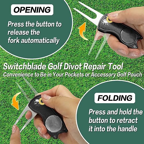 FINGER TEN Golf Divot Repair Tool and Ball Marker Switchblade Value Pack, Foldable Magnetic Stainless Steel with Pop-up Button for Men Women - color: 2 in Black+2 Ball Marker