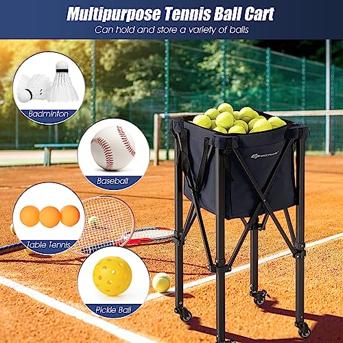 Goplus Foldable Tennis Ball Hopper, Lightweight Aluminum Tennis Ball Basket with Wheels, Removable Bag, Side Pockets, Carry Bag, Portable Sports Teaching Cart Holds 150 Tennis Balls