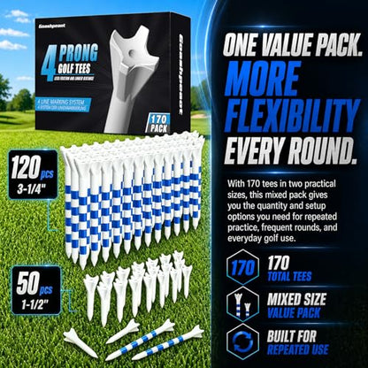 170 Pack Golf Tees 50 Iron Tees with 120 Driver Tees, Pro 4 Line Marking System Plastic Golf Tees, 4-Prong Engineered to Reduce Friction & Longer Distance