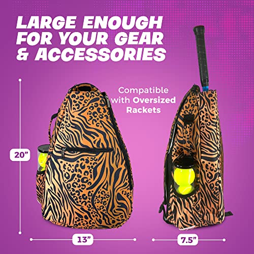 Womens Tennis Backpack - Taboo Fashions Ladies Tennis Bag Holds Two Racquets, Padded Straps and Side Carry Handle - color: Brown, Black, Animal Print