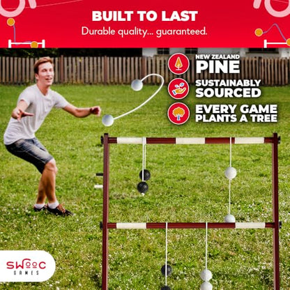 SWOOC Games® - Premium Wooden Ladder Ball Game Set (Weather Resistant) - with 10+ Games & Carrying Case - Easy, No Tool Set Up - Premium Ladder Toss Outdoor Game - Backyard Ball Toss Games