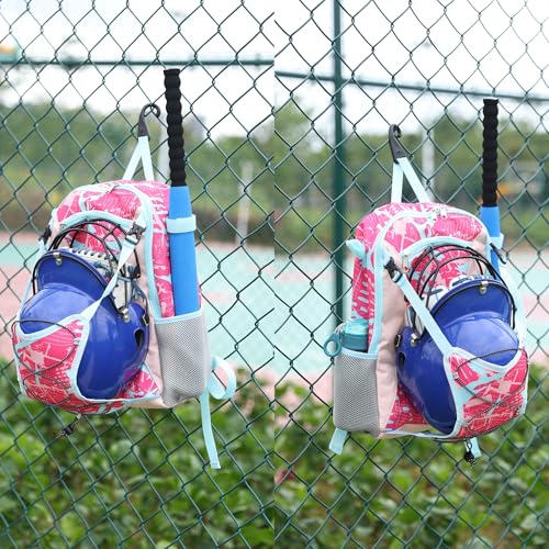 Youth Baseball Bat Bag Backpack, T-Ball & Softball Equipment Gear for Youth with Fence Hook, Lightweight Baseball Bat Backpack, Large Main Compartment for Helmet - color: Pink