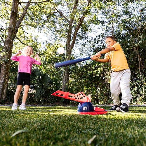 Franklin Sports Kids Baseball Pitching Machine - Pop A Pitch Batting Machine with Youth Bat + 3 Plastic Balls - Boys + Girls Toy