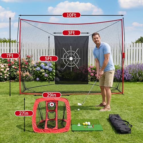 Garvee Golf Nets 10x7 FT, Golf Practice Net for Backyard Driving Real GolfBalls, Golfer Hitting with Chipping, Dual Turf Mat, Silk Targets, Balls&Tees, Carry Bag, for Garage Indoor Outdoor Driving