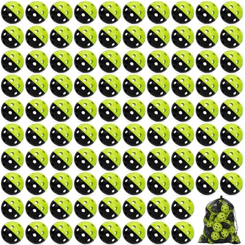 Coopay 12/50/100 Pack Plastic Baseballs Practice Training Balls Lightweight Hollow Softballs with a Drawstring Bag for Hitting Pitching Batting Training Indoor Outdoor Sport - color: Half Color Green/Black, style: 100 Pack