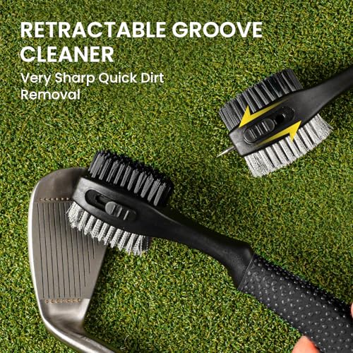 FINGER TEN Retractable Golf Club Cleaner Brush with Magnetic Clip, Durable Nylon Groove Scrub Iron Sharpener Compact Design, Portable Wire Tool for Golf Club Ball Bag Cleaning - color: Black Brush
