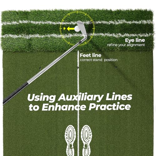FAHKNS Real Feel Golf Hitting Mat (5x4ft), Large Double Turf, Golf Indoor and Outdoor Practice Mat with Sight Line and Approach Angle Aid, for Swing, Chipping, Putting