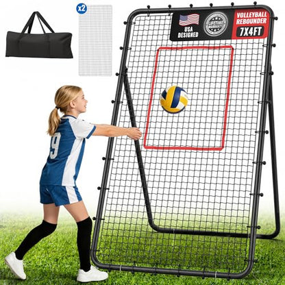 Volleyball Rebounder Net 7x4 FT, 5-Angle Adjustable Bounce Back Net, Steel Frame & PE Training Net for Volleying/Spiking, Rust-Resistant & Durable – w/Travel Bag, 2 NETS - color: Black & Red