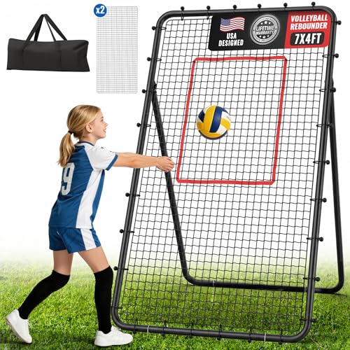 Volleyball Rebounder Net 7x4 FT, 5-Angle Adjustable Bounce Back Net, Steel Frame & PE Training Net for Volleying/Spiking, Rust-Resistant & Durable – w/Travel Bag, 2 NETS - color: Black & Red