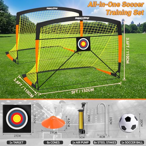 Happy Jump 7x5' & 5x3.6' Portable Soccer Goals for Kids Ages 6-14, Weatherproof Net and Steel Frame for Backyard Fun and Outdoor Training, Quick Setup and Sturdy for All Weather Conditions - style: 5x3.6 FT, 2 Set Upgrade