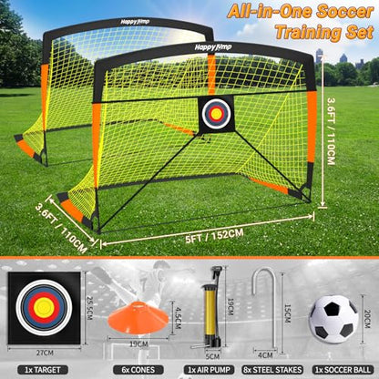 Happy Jump 7x5' & 5x3.6' Portable Soccer Goals for Kids Ages 6-14, Weatherproof Net and Steel Frame for Backyard Fun and Outdoor Training, Quick Setup and Sturdy for All Weather Conditions - style: 5x3.6 FT, 2 Set Upgrade