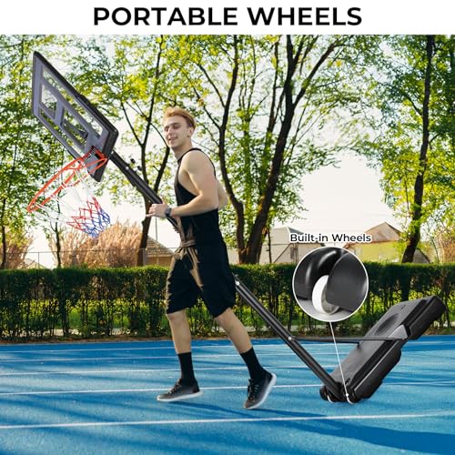 4.4-10ft Adjustable Height Basketball Hoop Outdoor, Portable Basketball Goal, 44in Shatterproof Backboard, Fillable Base, 2 Portable Wheels for Backyard/Indoor, for Kids/Teenagers/Adults