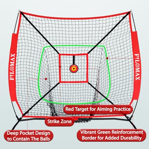 5x5 FT Baseball & Softball Practice Net with Red Strike Zone & Target | Youth Baseball & Softball Training Net for Hitting, Pitching, Batting |for Accurate Throwing Practice,Includes Carry Bag.