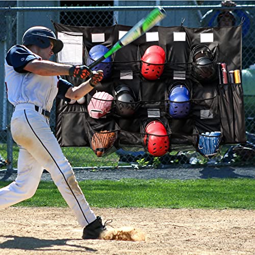 QBA Hanging Helmet Bag for Baseball Softball Team, Helmet Organizer for Dugout Fence Garage, Hold Up to 15 Players Helmets 4 Bats with Name Cards Roster Line Up, Black