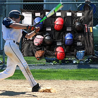 QBA Hanging Helmet Bag for Baseball Softball Team, Helmet Organizer for Dugout Fence Garage, Hold Up to 15 Players Helmets 4 Bats with Name Cards Roster Line Up, Black