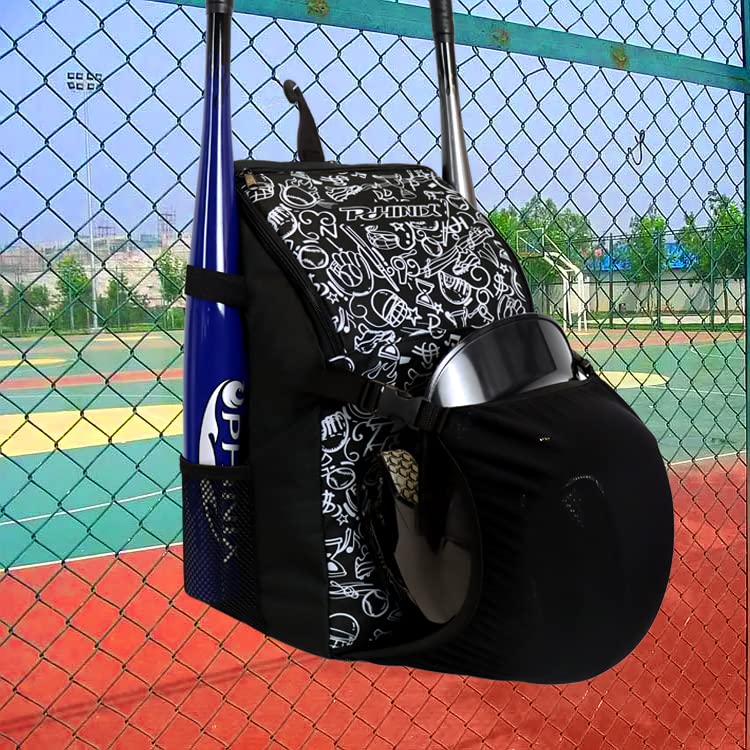 PHINIX Kids Youth Baseball Bag T-ball Backpack - color: Black-With helmet bracket
