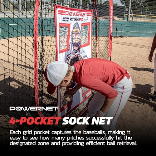 PowerNet Pitching Pad - 4 Pocket Softball Pitch Trainer with 7x7 FT Net, Realistic Catcher for Cages & Practice