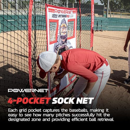 PowerNet Pitching Pad - 4 Pocket Softball Pitch Trainer with 7x7 FT Net, Realistic Catcher for Cages & Practice