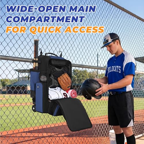 Rolling Baseball Bag with Wheels, 70L Large Capacity Baseball Backpack with Hidden Shoulder Strap, Sturdy Softball Bag with Multi-Pockets, Shoe Compartment, Fence Hooks for Players, Coaches - color: Blue