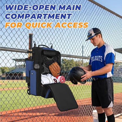 Rolling Baseball Bag with Wheels, 70L Large Capacity Baseball Backpack with Hidden Shoulder Strap, Sturdy Softball Bag with Multi-Pockets, Shoe Compartment, Fence Hooks for Players, Coaches - color: Blue