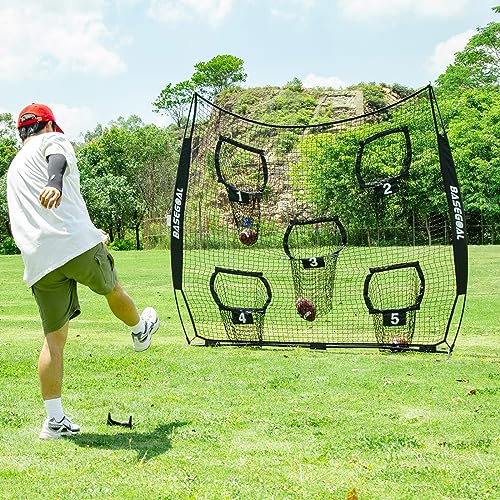 BaseGoal Football Nets for Throwing,Football Target,Quarterback Training Equipment with 5 Target Pockets for Improving Football Accuracy Throwing-8 x 8 ft or 7 x 7 ft Nets - color: 8 x 8 Ft Black + Ball