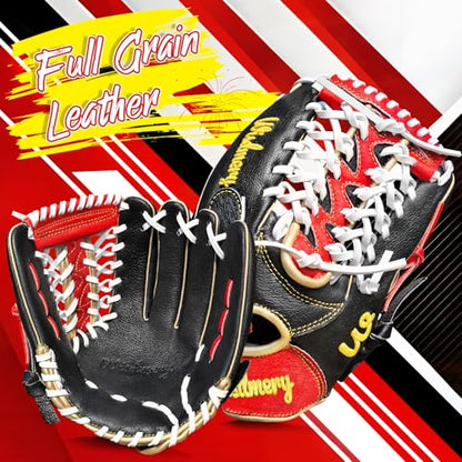 Full Grain Leather Baseball Softball Glove Adult Youth Infield Outfield - color: Red Black, size: 12.5 Inch