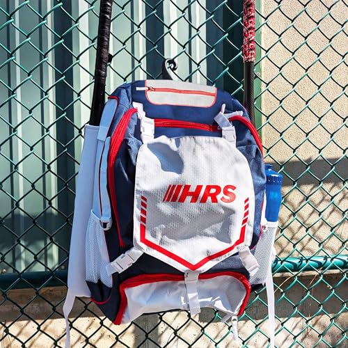 Hit Run Steal Bat Bag Backpack, Holds 4 Bats, Gloves, Helmet, and Cleats, Red, White & Blue