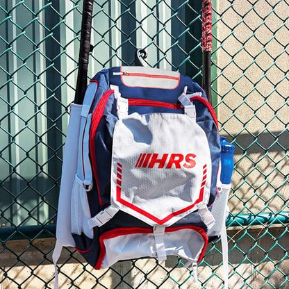 Hit Run Steal Bat Bag Backpack, Holds 4 Bats, Gloves, Helmet, and Cleats, Red, White & Blue