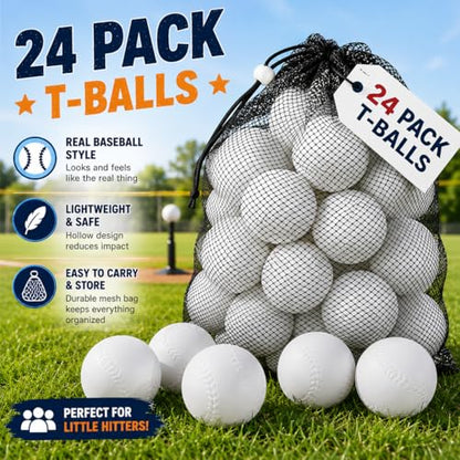 Liberty Imports 24 Pack Toddler & Little Kids Replacement T Balls, 2.5" Plastic Baseballs with Durable Mesh Bag - 2 Dozen Practice Toy Balls for Softball and Baseball Training