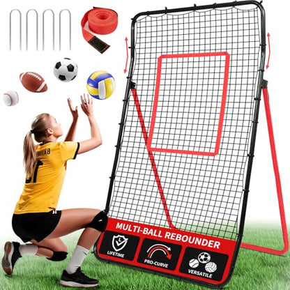 BAGAIL Volleyball Rebounder Net 7x4 Ft, Bounce Back Training Equipment with Unique Curved Frame for Better Catching, 5 Adjustable Angles for Volleying & Spiking, Easy Set Up & Sturdy Base - color: Red