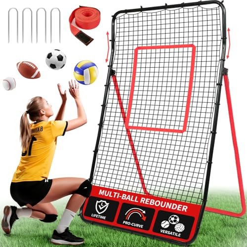 BAGAIL Volleyball Rebounder Net 7x4 Ft, Bounce Back Training Equipment with Unique Curved Frame for Better Catching, 5 Adjustable Angles for Volleying & Spiking, Easy Set Up & Sturdy Base - color: Red