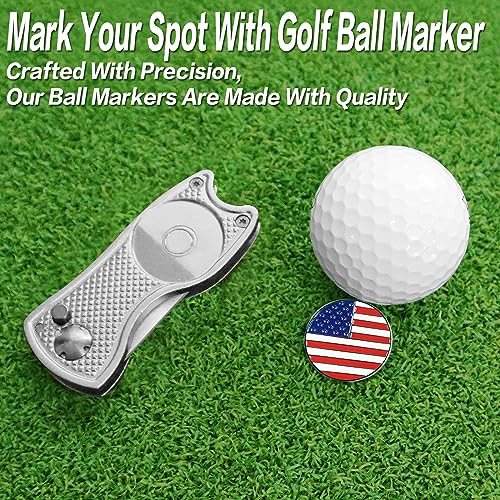 FINGER TEN Golf Divot Repair Tool and Ball Marker Switchblade Value Pack, Foldable Magnetic Stainless Steel with Pop-up Button for Men Women - color: 2 in Silver+2 Ball Marker