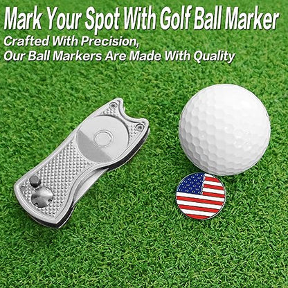 FINGER TEN Golf Divot Repair Tool and Ball Marker Switchblade Value Pack, Foldable Magnetic Stainless Steel with Pop-up Button for Men Women - color: 2 in Silver+2 Ball Marker