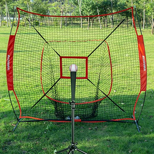 BaseGoal 7'×7' Baseball Softball Practice Net,Baseball Backstop,for Hitting Pitching Batting Catching with Bow Frame,Bonus Strike Zone - style: Red