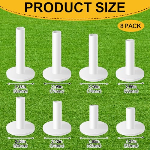 Rubber Golf Tees, 8 Pack Mixed Size Golf Tees for Mats, Durable Rubber Tees for Driving Range, Indoor & Outdoor Golf Practice (White)