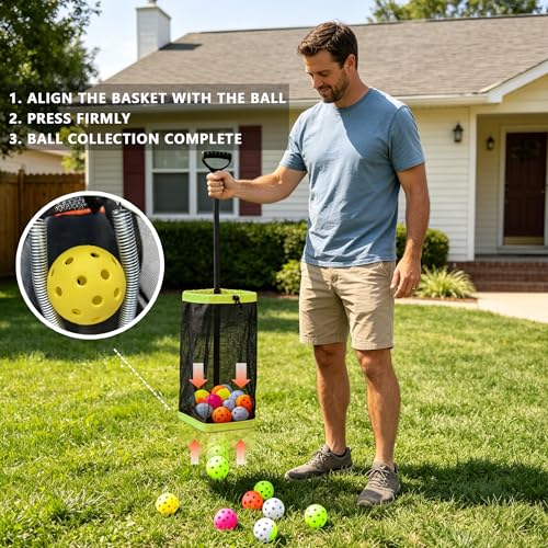 Tennis Ball Hopper, Holds 40+ Pickleballs or 50+ Tennis Balls, Lightweight Durable Steel Frame, Portable Adjustable Ball Picker（Excluding Ball） - color: Green