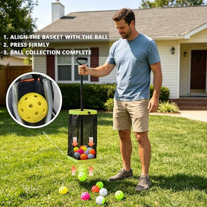 Tennis Ball Hopper, Holds 40+ Pickleballs or 50+ Tennis Balls, Lightweight Durable Steel Frame, Portable Adjustable Ball Picker（Excluding Ball） - color: Green