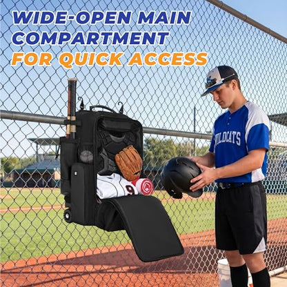 Rolling Baseball Bag with Wheels, 70L Large Capacity Baseball Backpack with Hidden Shoulder Strap, Sturdy Softball Bag with Multi-Pockets, Shoe Compartment, Fence Hooks for Players, Coaches - color: Black