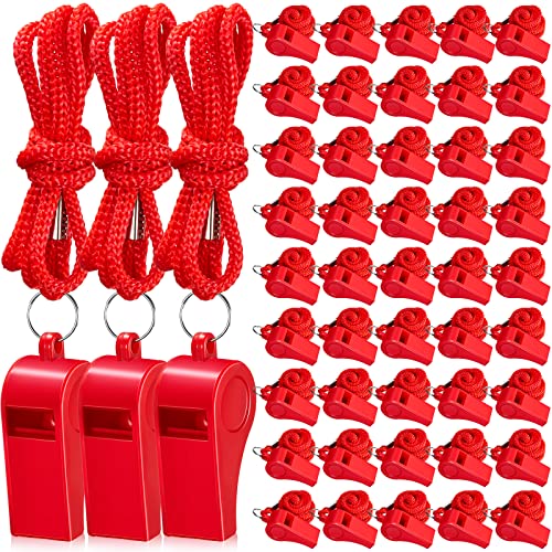 Flutesan 48 Pcs Whistles Bulk with Lanyard Sports Loud Crisp Sound Whistles for Coach Referees Training Emergency - color: Red