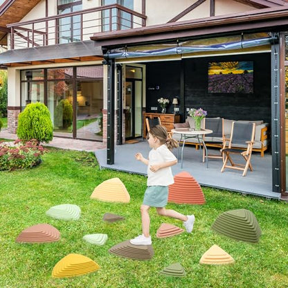 makarci Stepping Stones for Kids 12pcs Obstacle Courses Play Indoor Outdoor, Full Rubber Rim Plastic Hilltop for Kids Balance and Integration Improvement Age 3 4 5 6 7 8 +（Forest）