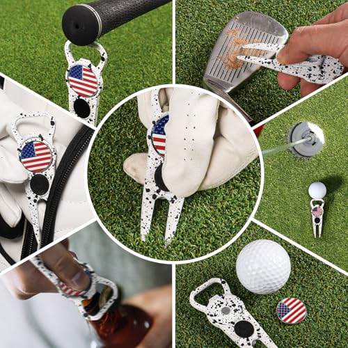 FINGER TEN Golf Divot Repair Tool and Ball Marker 7-in-1 Value 2 Pack, Premium Leather Grip Tools with Belt Clip, Club Tee, Club Groove Cleaner, Bottle Opener, Putting Alignment Guide - color: Dots