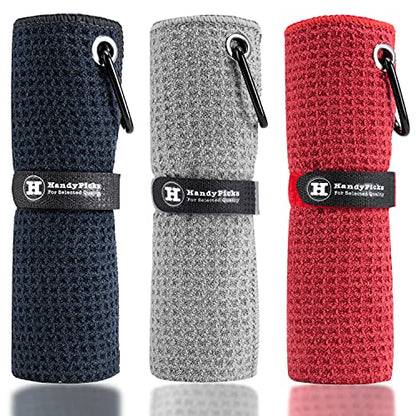 Handy Picks Microfiber Golf Towel (16" X 16") with Carabiner Clip, Waffle Pattern Golf Towel Hook and Loop Fastener - The Convenient Golf Cleaning Towel - color: Black/Grey/Red