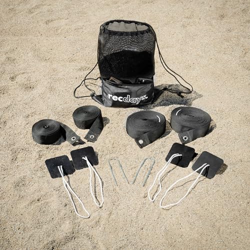 Recdays Volleyball Lines: Premium 2-in-1 Grass Volleyball & Beach Volleyball Lines, 2" Volleyball Court Lines with Anchors & Stakes, Durable Drawstring Mesh Bag, AVP Official Court Size 26’3” x 52’6”