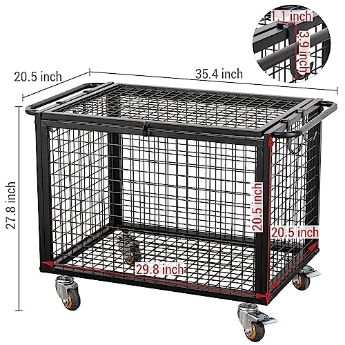 MyGift Black Metal Rolling Sports Ball Storage Cart for Playground, Dodge Ball, Basketball, Soccer Ball Gym Basket Equipment Cart with Lockable Latch, Caster Wheels and 4 Hooks